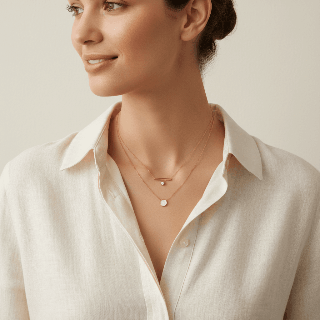 Young woman wearing delicate layered gold necklace in neutral linen shirt against soft cream background