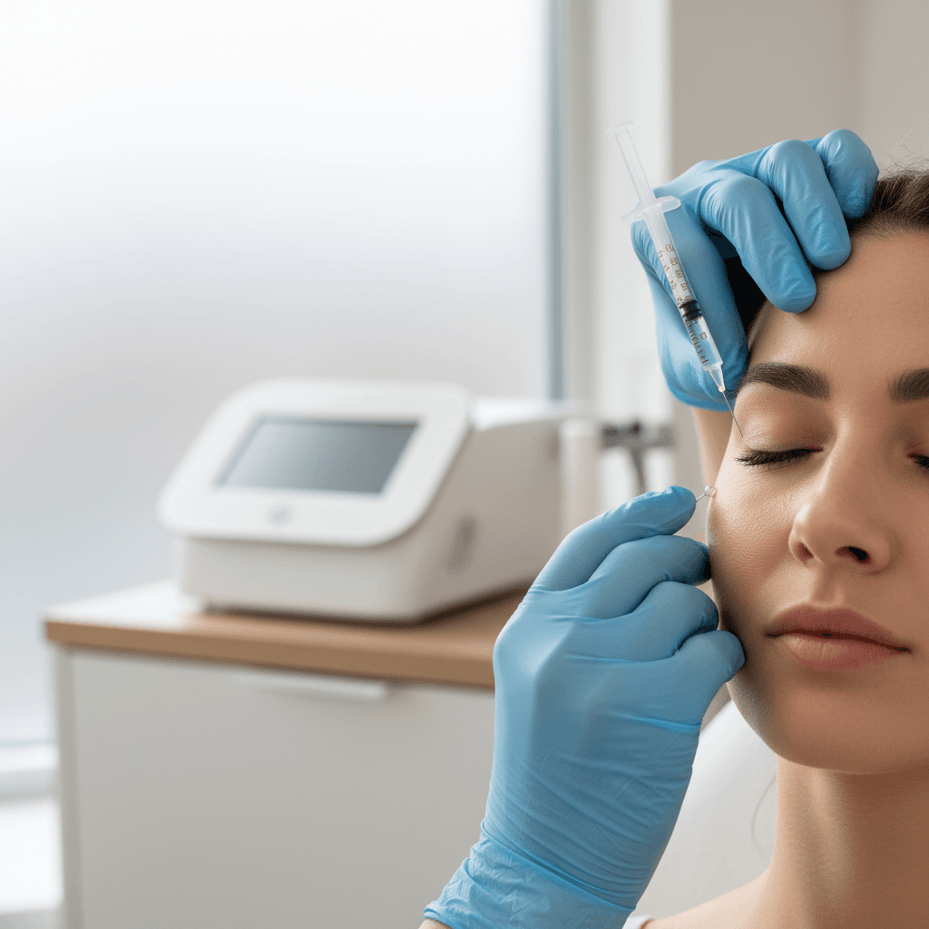 Licensed professional's hands administering precise dermal filler injection to client's cheekbone in luxury clinical treatment room
