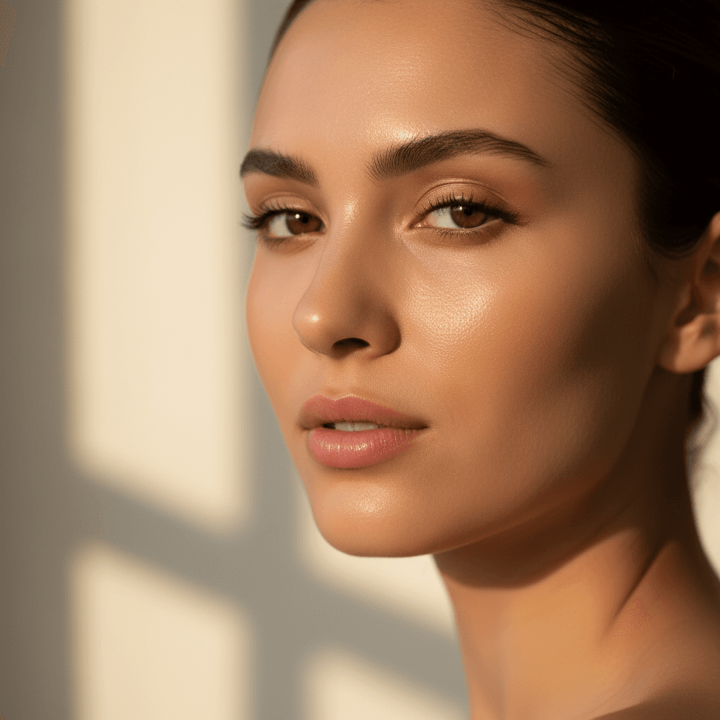 Woman's radiant face in golden hour light, showcasing glowing skin with minimal makeup and natural beauty