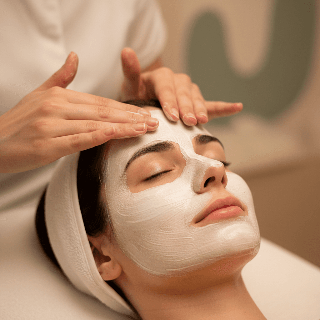 Professional applying facial mask to person's face during relaxing spa facial treatment in warm light