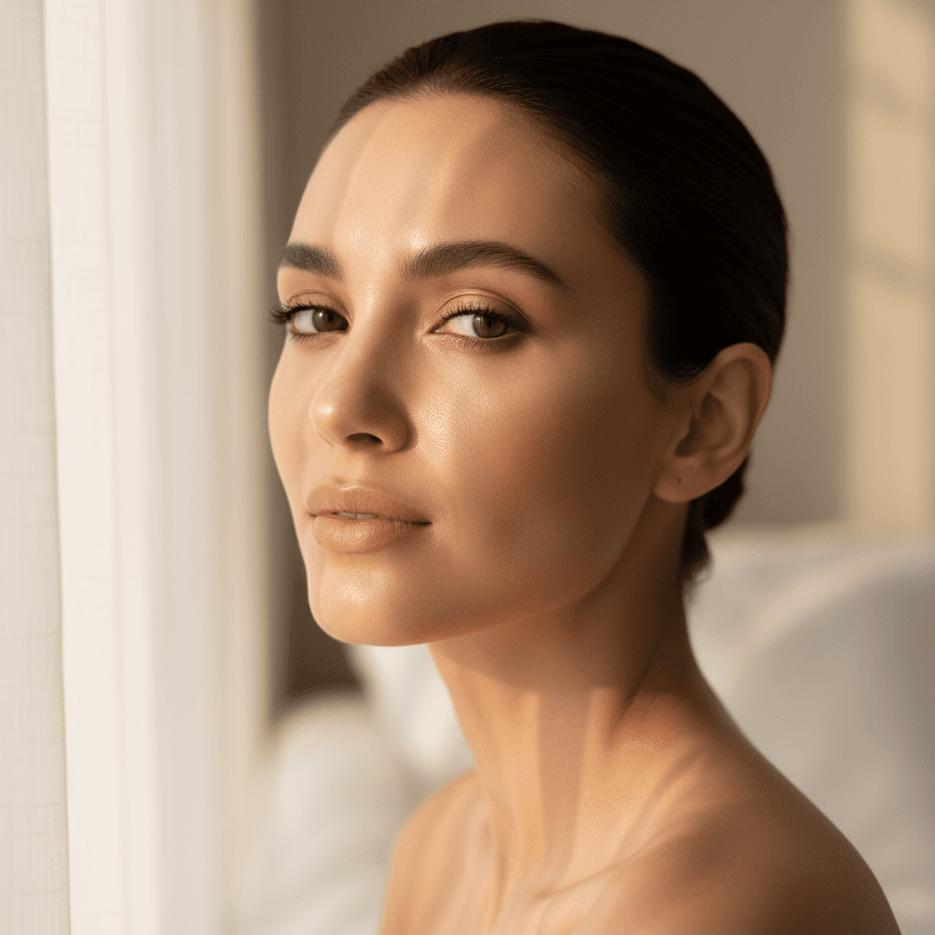 Woman with glowing, luminous complexion and even skin tone in soft natural morning light, showcasing radiant skin results