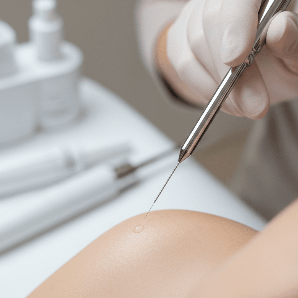 Professional administering precise injection with specialized aesthetic device during skin treatment procedure