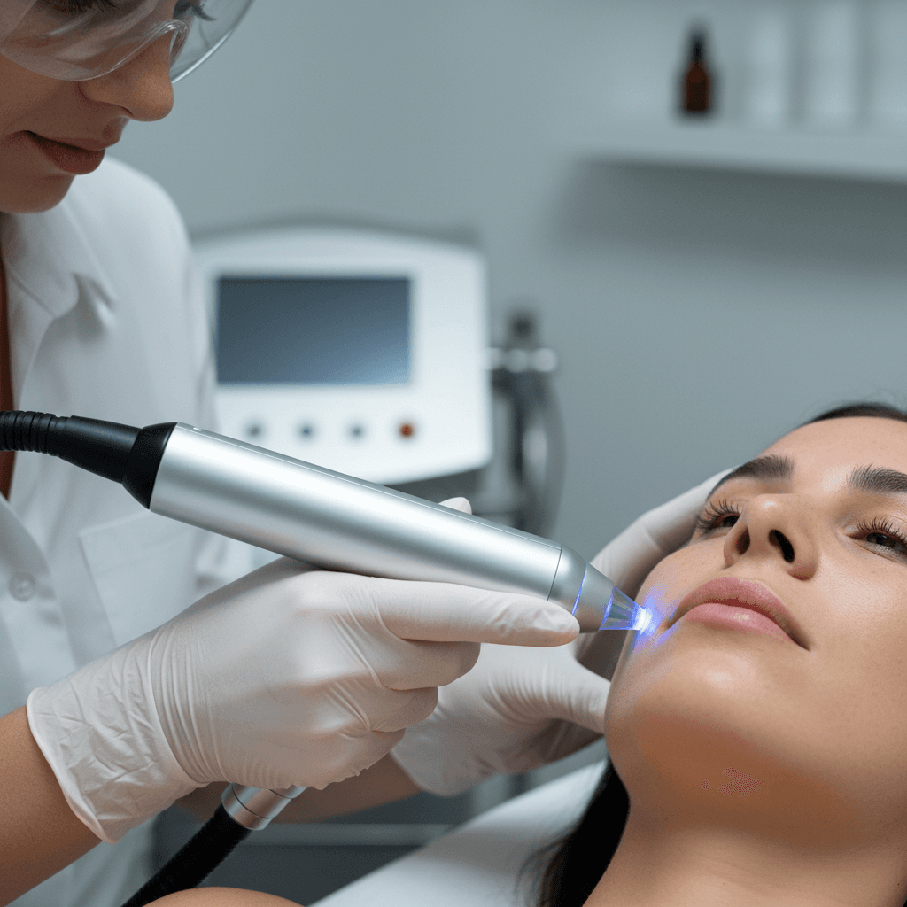 Aesthetician's hands using advanced laser equipment for precision facial treatment in clinical setting