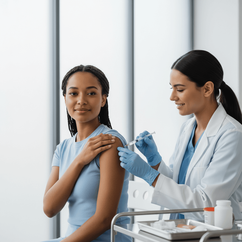 Young woman receiving vaccination from healthcare professional in bright clinical setting with natural lighting