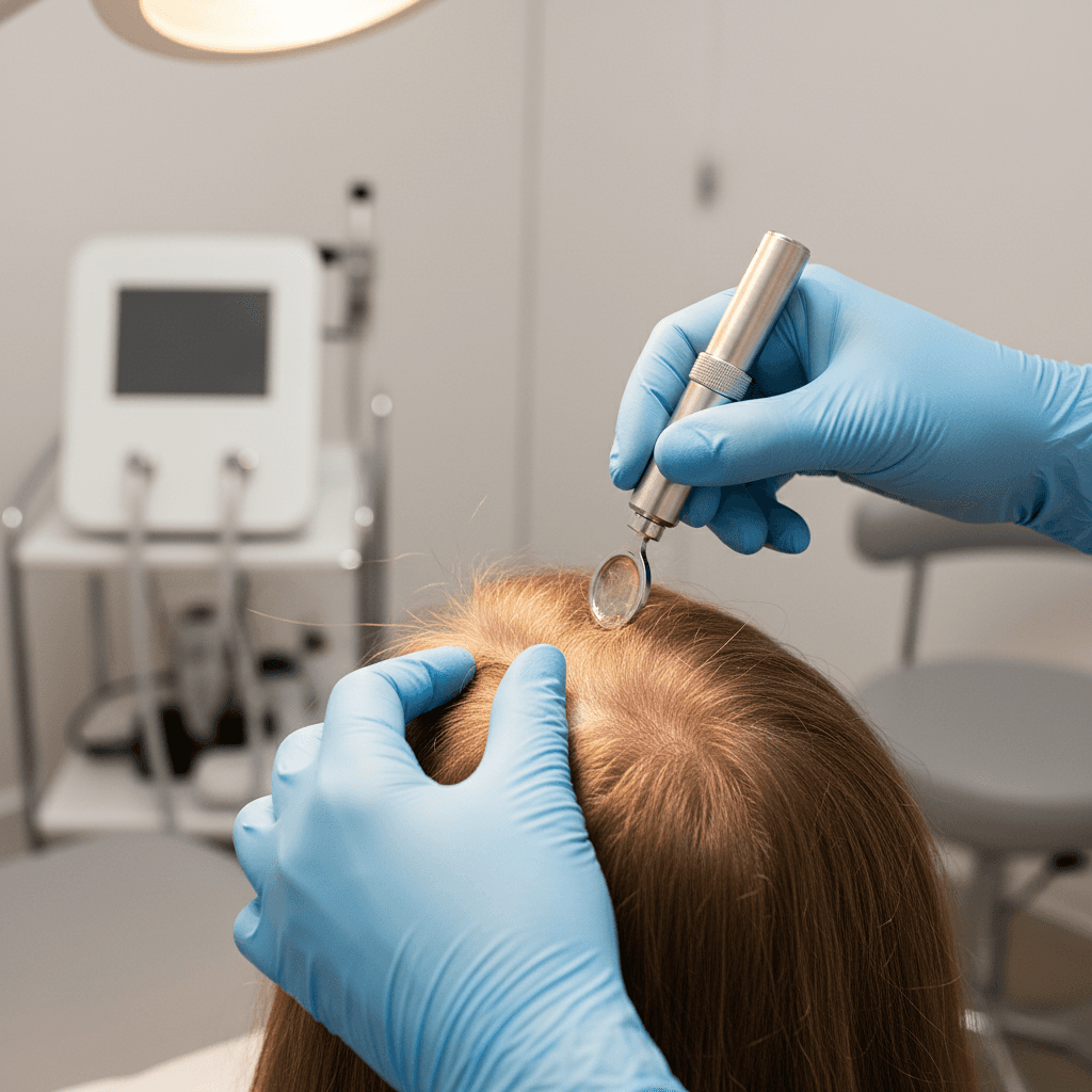 Dermatologist's gloved hands examining patient's scalp during hair restoration consultation in clinical setting