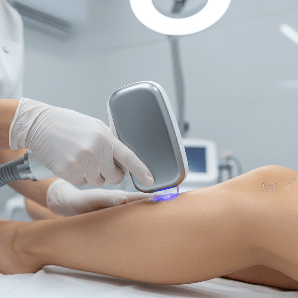 Close-up of aesthetics professional using laser hair removal device on client's leg during treatment