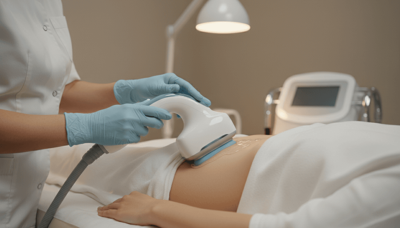Technician applying cryolipolysis cooling applicator to client's abdomen during treatment in professional wellness clinic