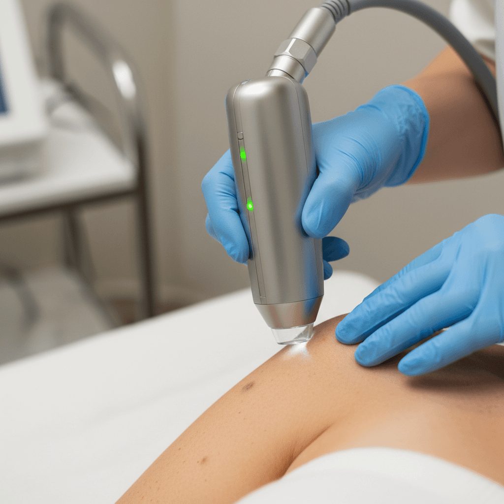 Dermatologist's hands using handheld laser device to treat skin lesion during clinical procedure