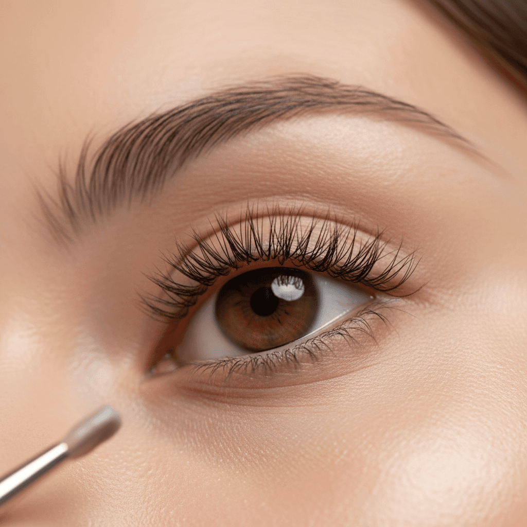 Close-up of eye with applied lash clusters showing natural texture and dimension with soft window lighting
