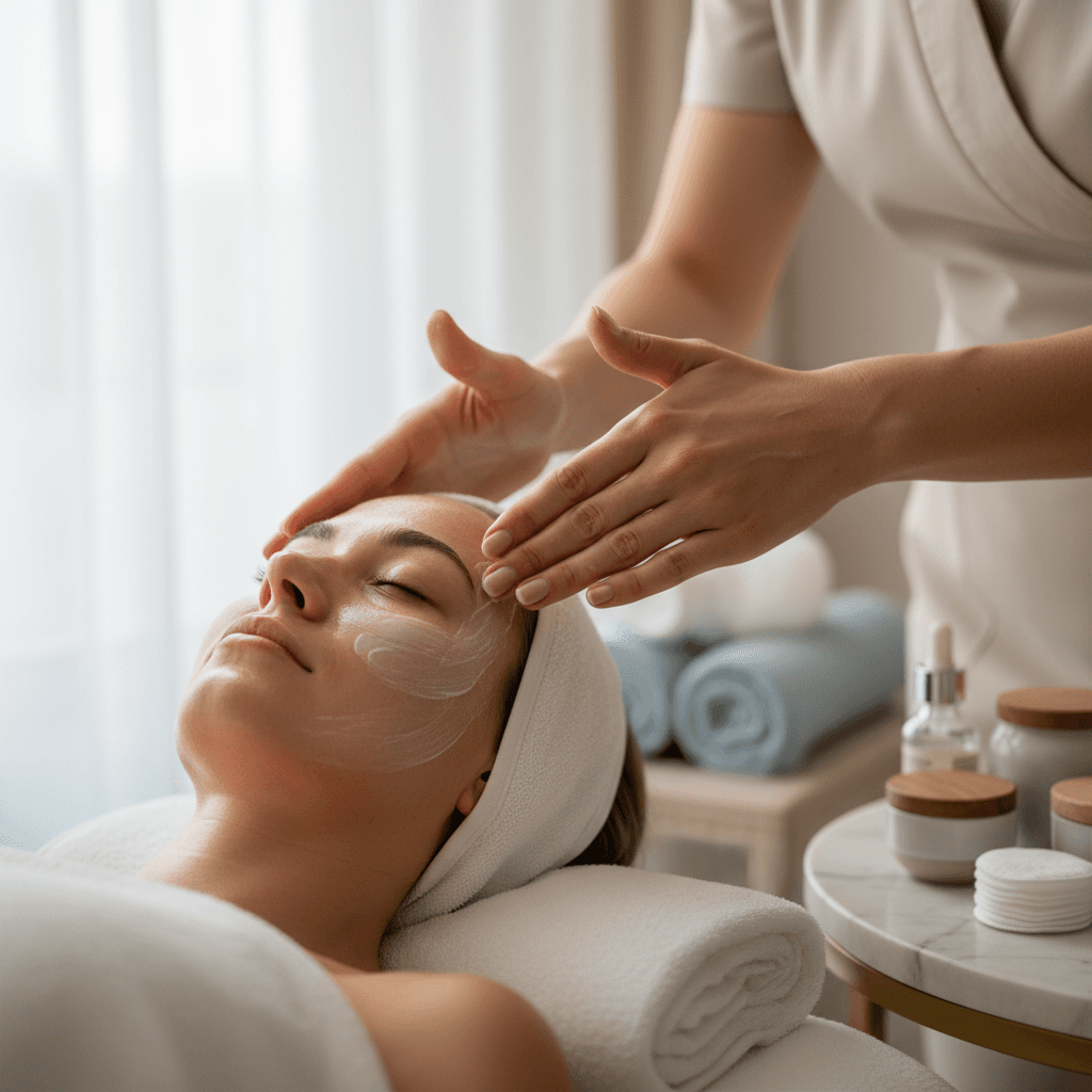 Professional aesthetician applying facial cream to client's face during luxurious spa skincare treatment