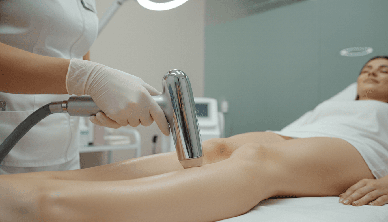 Aesthetician performing laser hair removal treatment on client's leg with precision handheld device in clinical setting