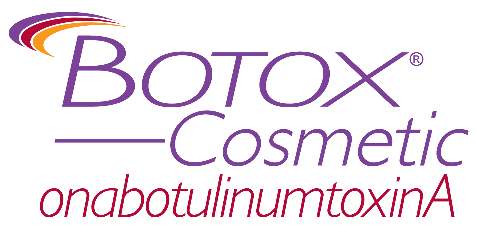 Botox Cosmetic logo featuring onabotulinumtoxinA text and a purple, red, and orange swoosh.