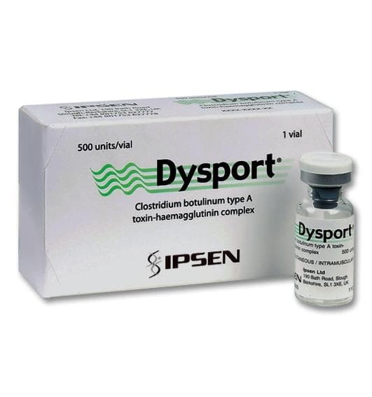 White box and glass vial of Dysport 500 units botulinum toxin by IPSEN.