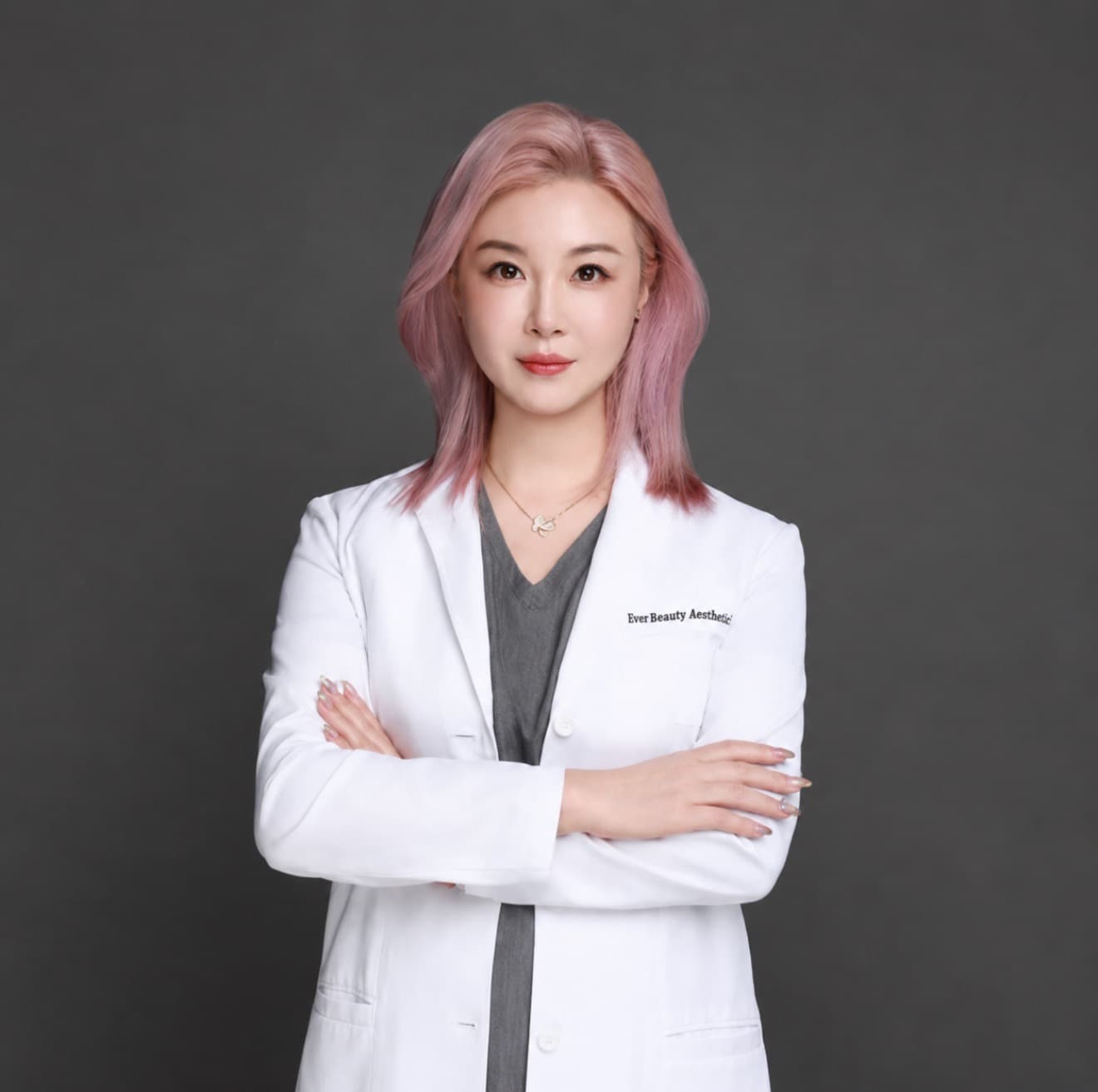 Woman with pink hair in a white lab coat with arms crossed against dark background.