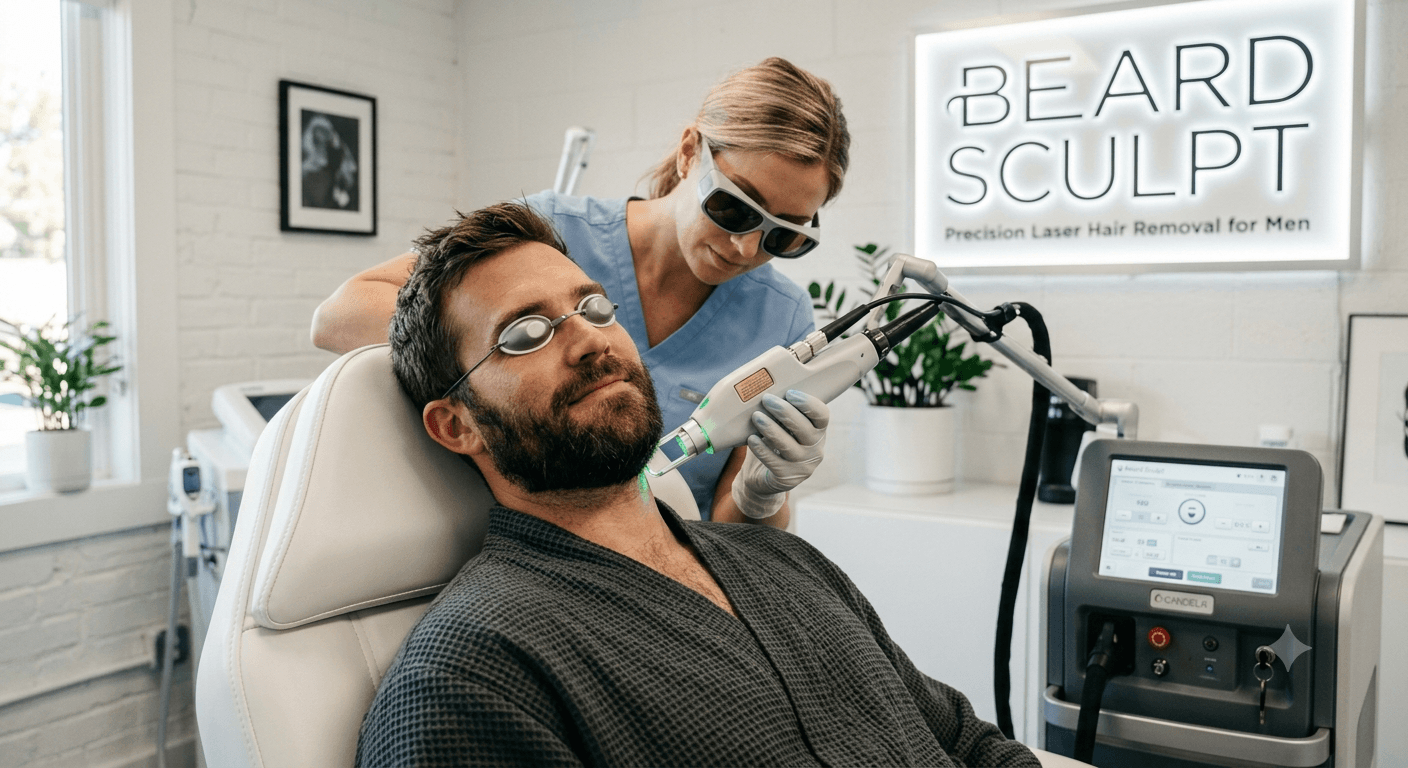 Technician performing laser hair removal on a man's neck, both wearing protective eye goggles.