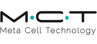 Meta Cell Technology logo with stylized black MCT letters and two small teal accents.