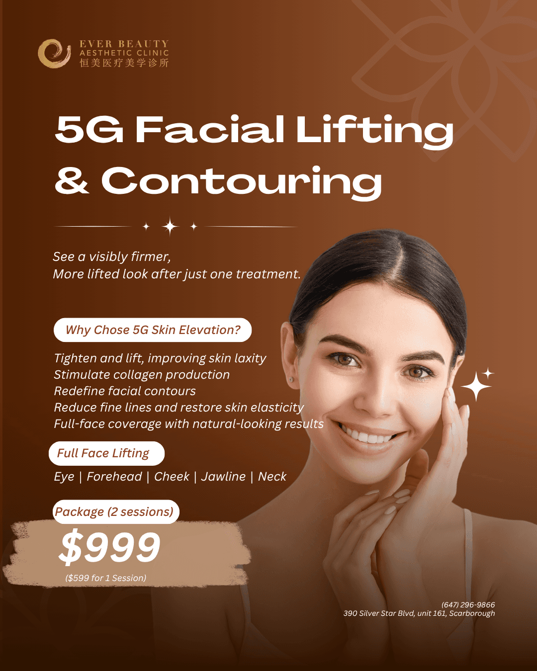 Promotional flyer for 5G Facial Lifting and Contouring featuring a woman with radiant skin.