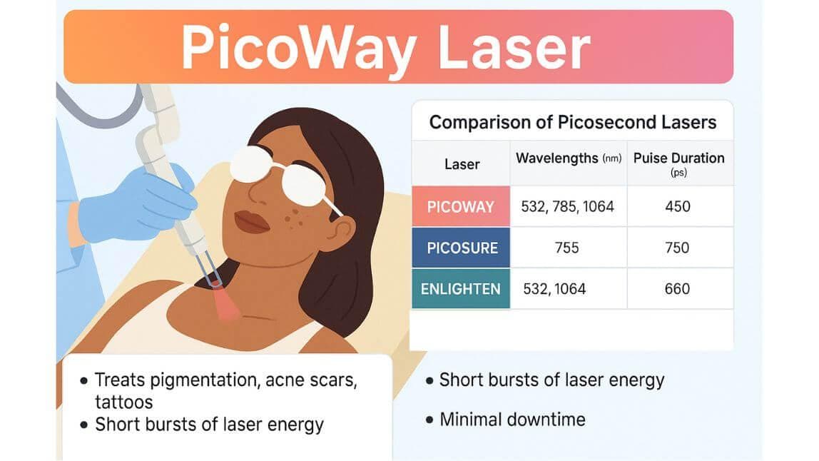 PicoWay Laser infographic comparing picosecond lasers with a treatment illustration and skin benefits list.