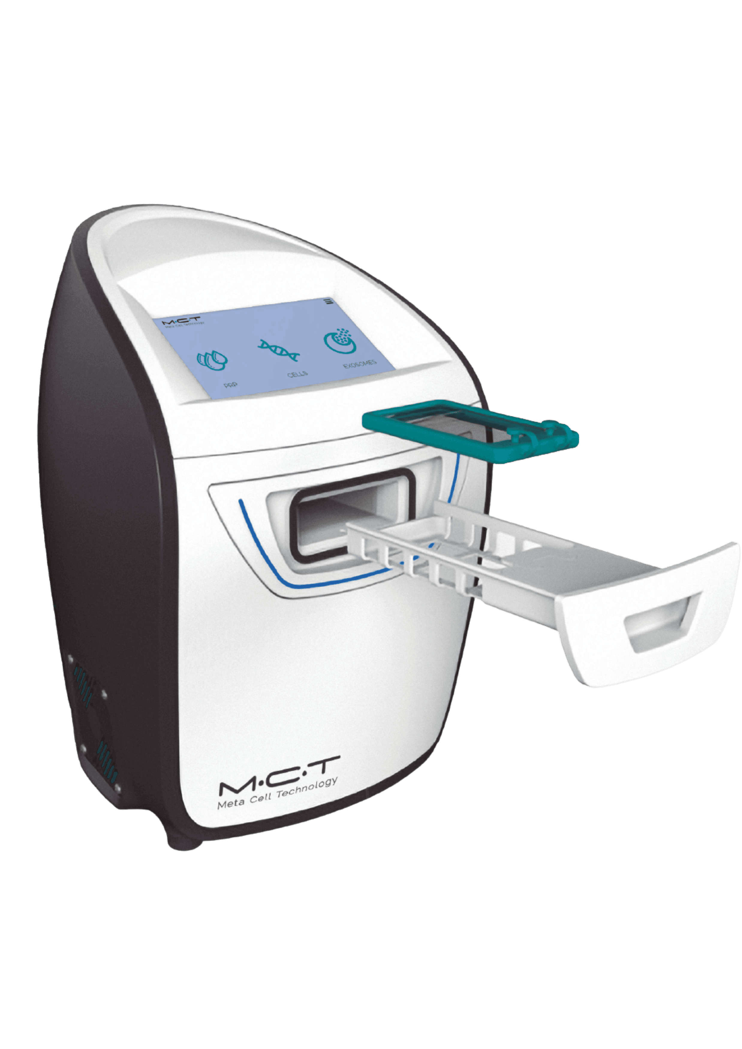 Sleek white MCT medical device featuring a touchscreen interface and an open specimen loading tray.