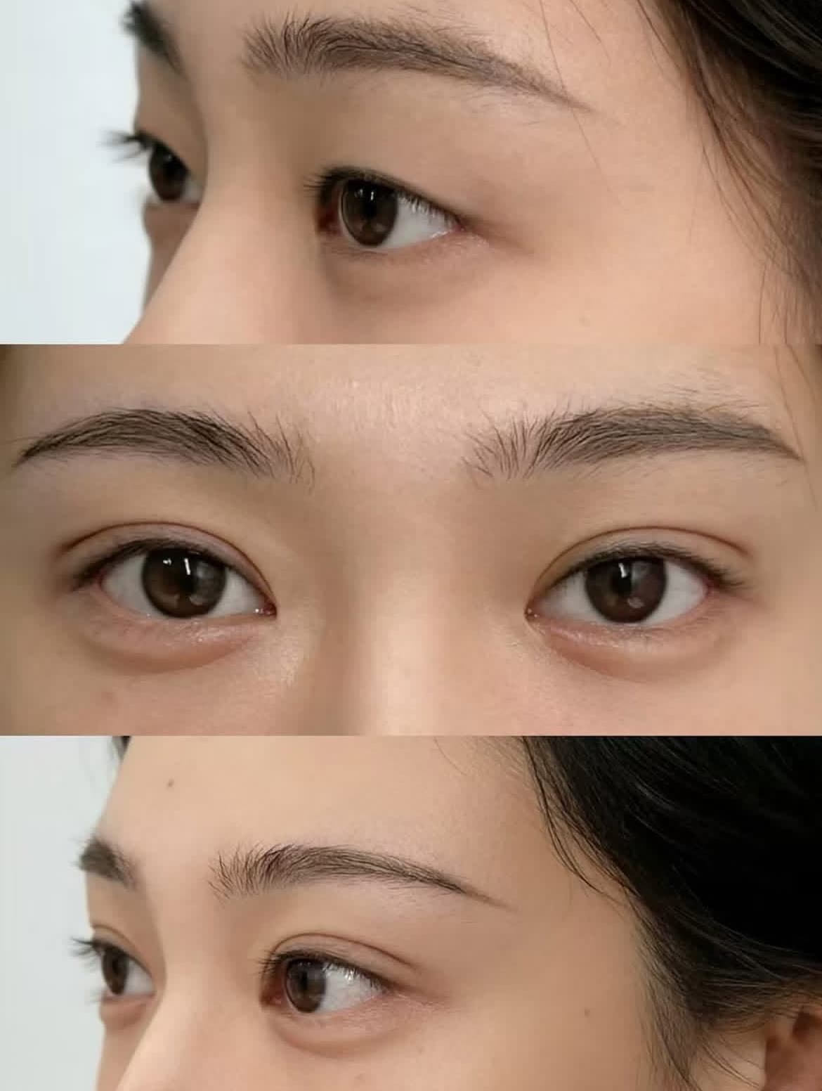 Three close-up views of a woman's brown eyes and neatly shaped, natural-looking eyebrows.