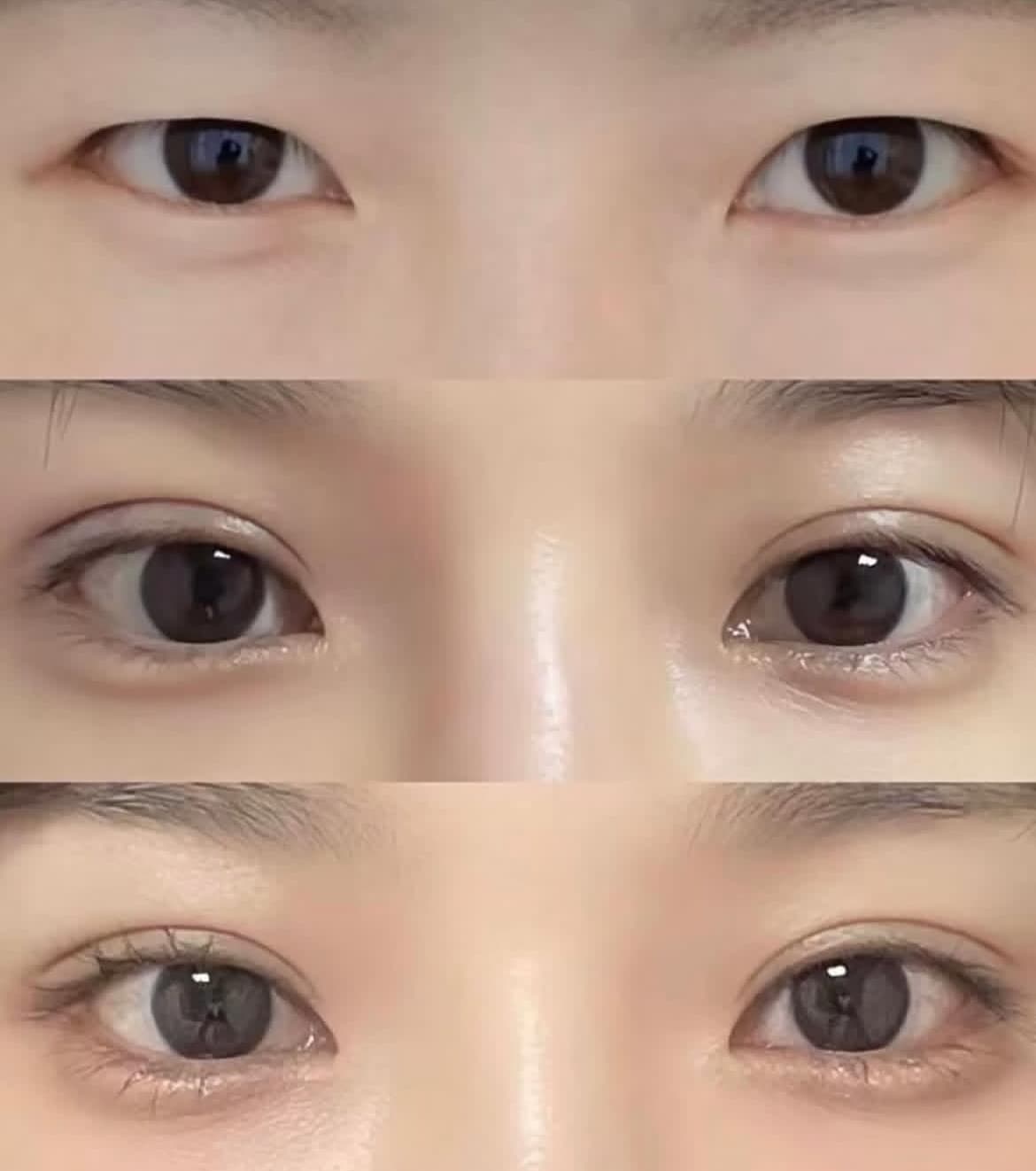 Three-panel comparison showing eyes transitioning from monolids to defined double eyelids with makeup.