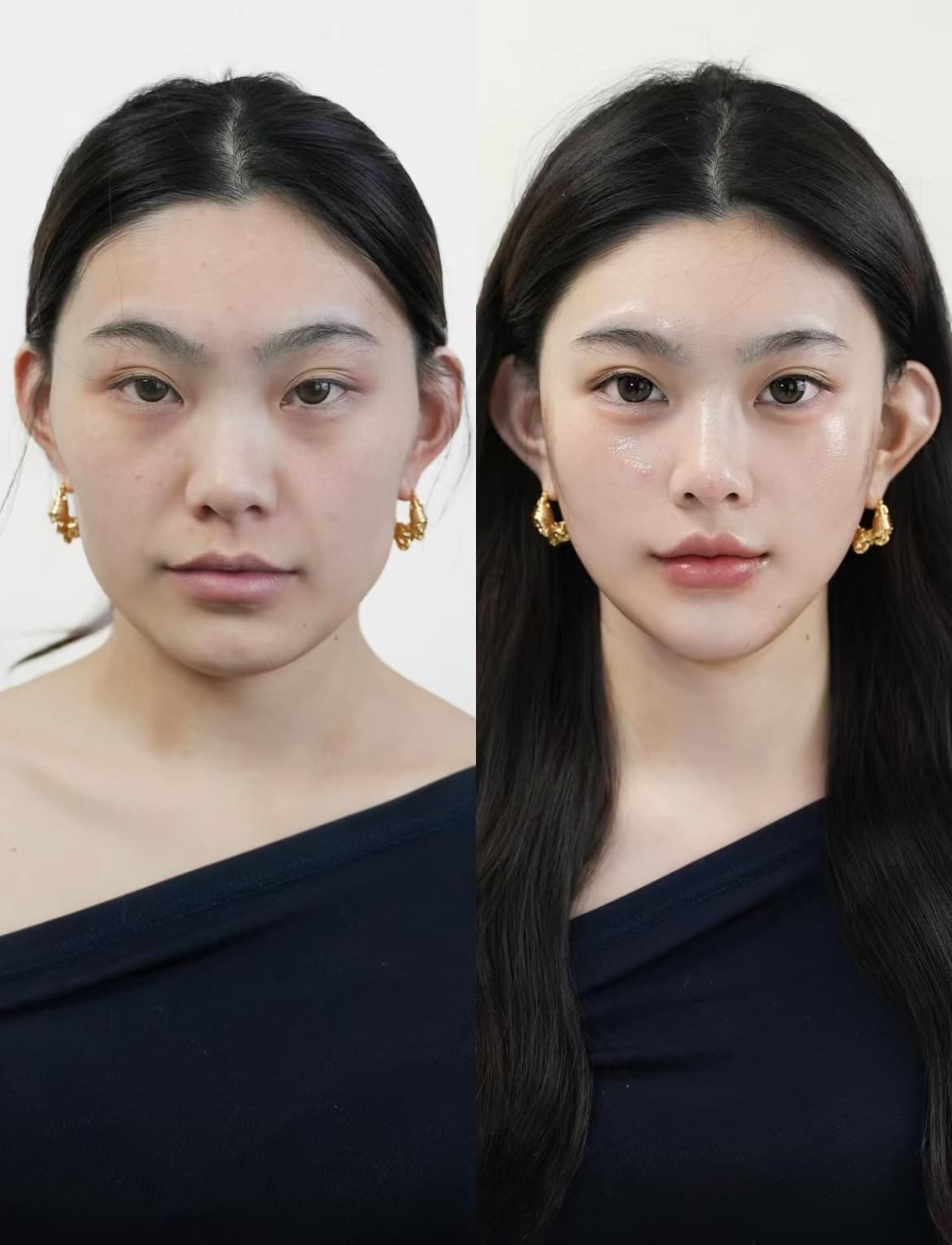 Before and after comparison of a woman's face showing a radiant, dewy makeup transformation.