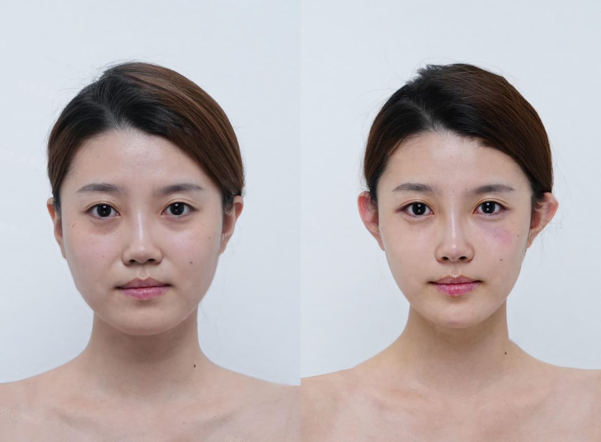 Before and after photos of a woman's face showing facial contouring results and minor bruising.