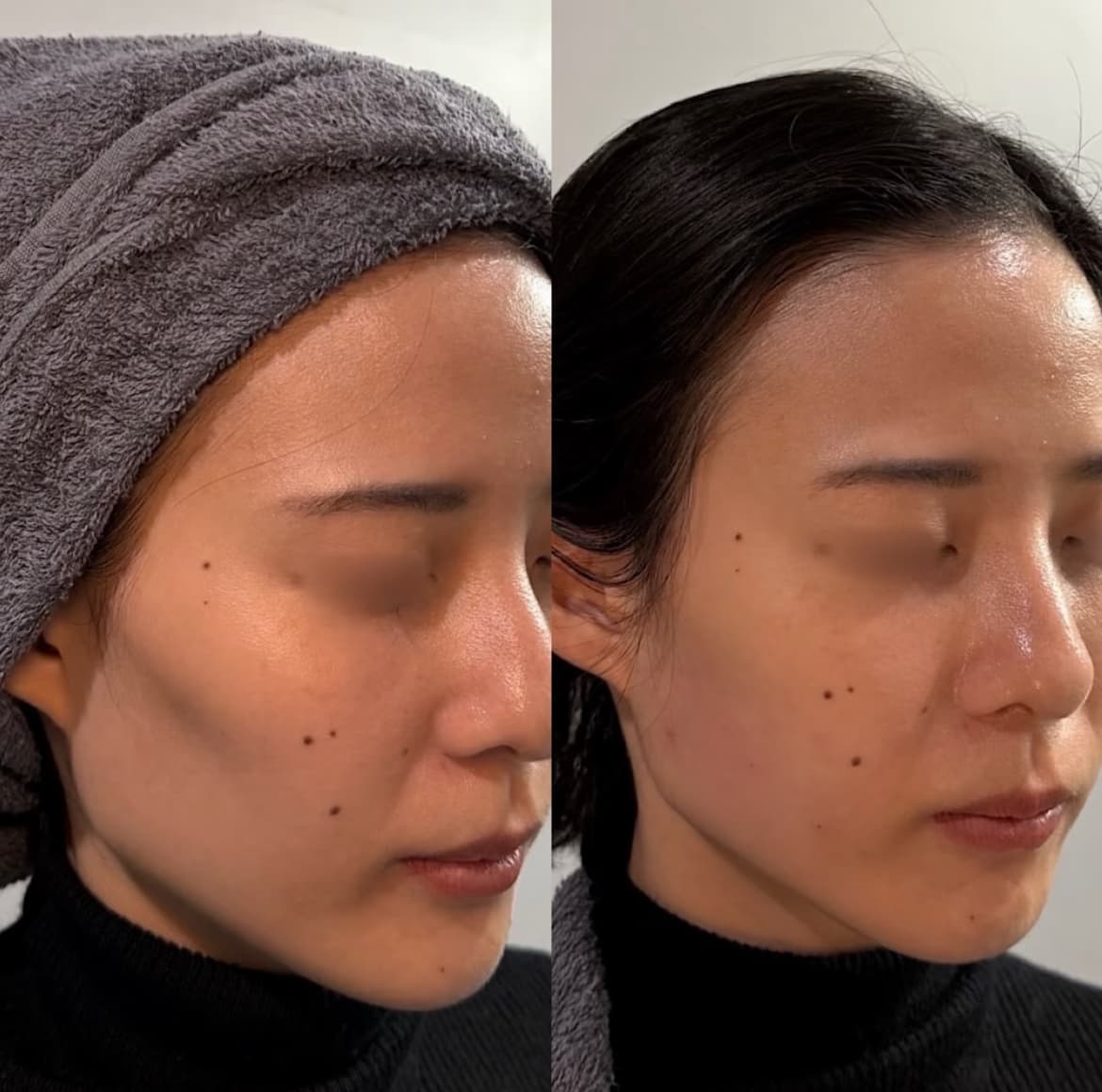 Side-by-side comparison of a woman's face with a towel and then with wet hair.