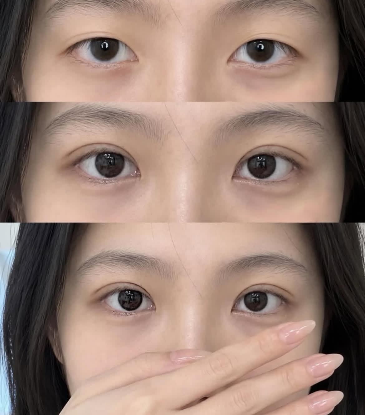 Three-panel comparison showing a woman's eyes before and after wearing enlarging dark circle contact lenses.