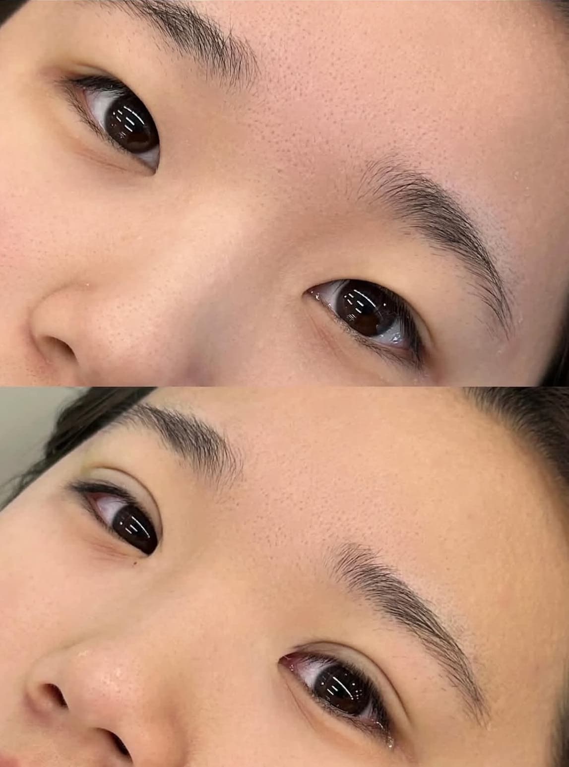 Before and after comparison of eyes showing a subtle, thin black eyeliner enhancement.