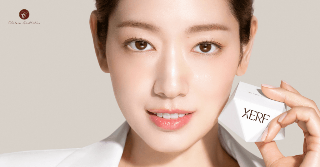 Radiant woman with clear skin holding a white geometric XERF product box near her cheek.