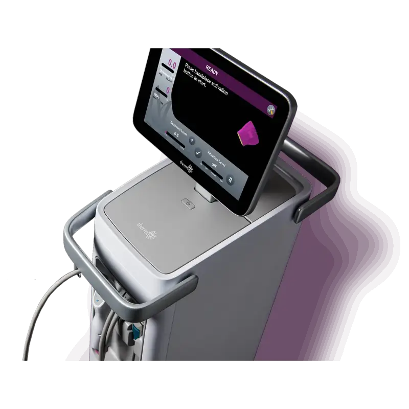 Thermage professional skin treatment machine with a digital touchscreen interface showing the ready status.