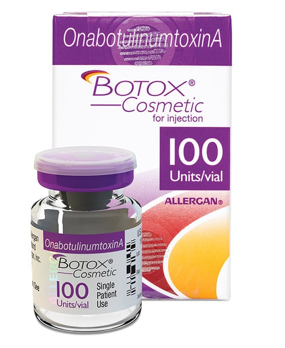 Allergan Botox Cosmetic 100 unit vial and box of onabotulinumtoxinA for injection.