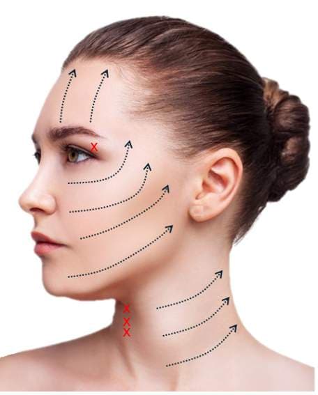Woman's profile with dotted arrows indicating facial massage directions and red X marks on skin.