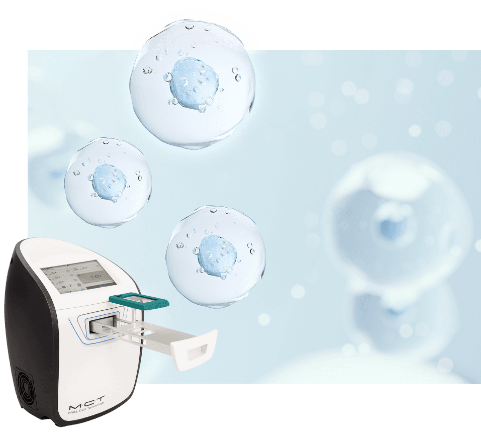 Scientific cell analysis device with an open tray and floating blue microscopic cell illustrations.