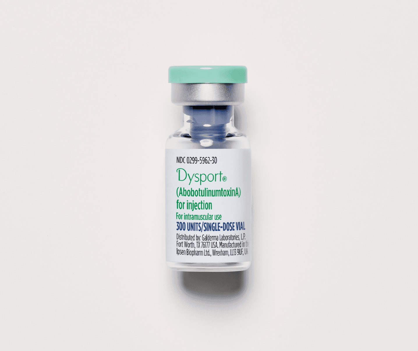 A glass vial of Dysport abobotulinumtoxinA 300 units for intramuscular injection with green cap.