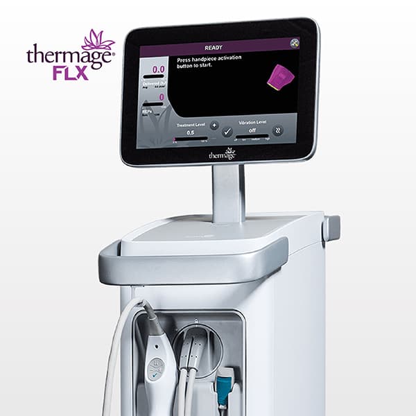 Thermage FLX skin tightening device with a digital display screen and attached treatment handpieces.