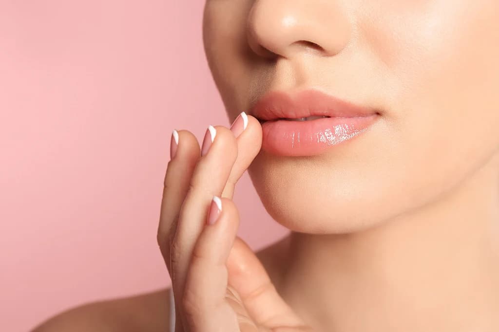 Glossy pink lips being touched by a hand with a French manicure on pink background.